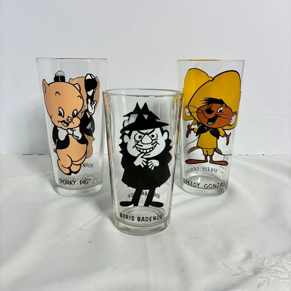 3 Vtg Pepsi Drinking Glasses 1973 Porky Pig Speedy Gonzales Boris Badenov Retro